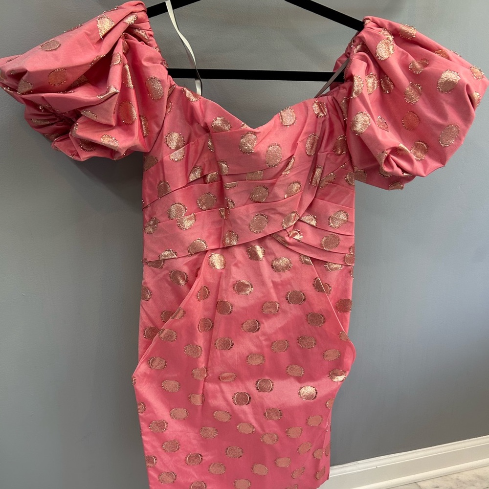 Monique Lhuillier Pink Polka-dot Off Shoulder Mini Party Dress 10 NWT
